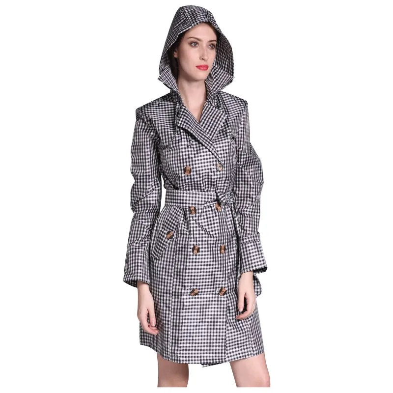 Fashion Retro Plaid Double Breasted Big Belt Adult Women Raincoat Poncho Fashion Travel Outdoor Windbreaker Jacket