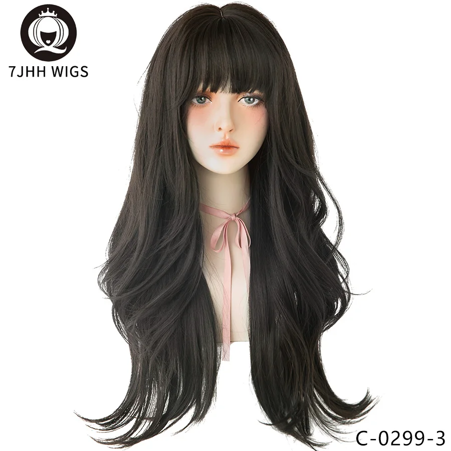 Women's Black Brown Long Wavy Synthetic Wig with Fluffy Bangs