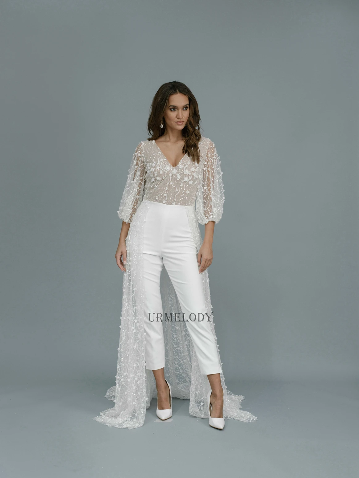 New Arrival Ivory Bridal Jumpsuit with Skirt and Sleeves