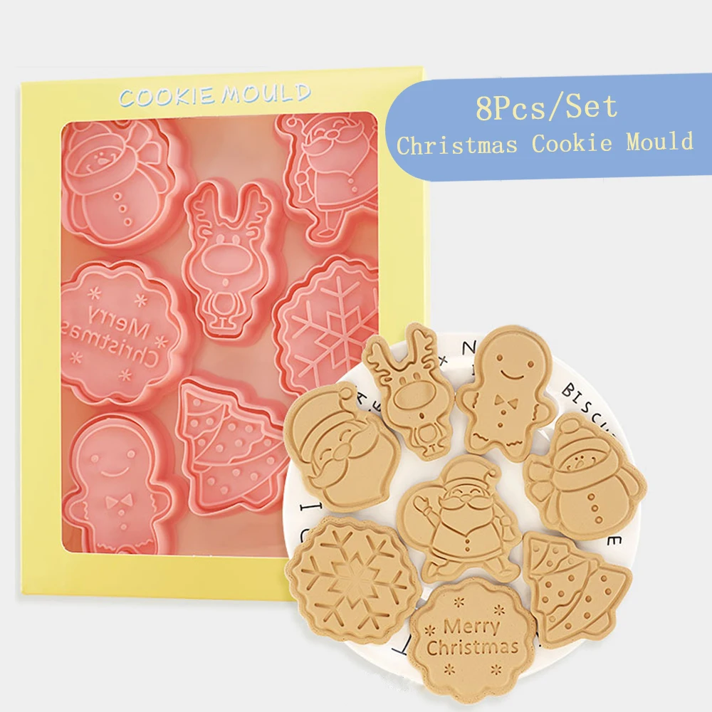 8Pcs/Set Christmas Mold Santa Claus Elk Snowflake Snowman Gingerbread Man Pattern Mold Biscuit Mold Cookie Cutter Sugarcraft