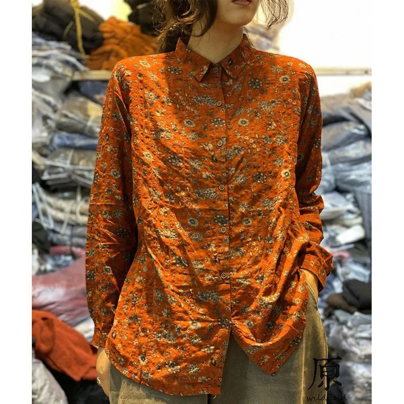 2022 Spring Autumn Arts Style Women Long Sleeve Loose Shirts Vintage Print cotton linen Turn-down Collar Blouse Tops V68