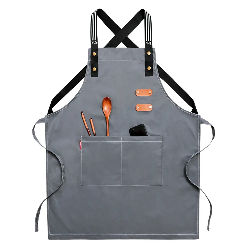 

Chef Apron with Adjustable Straps and Large Pockets, Cross Back Apron for Men and Women, Waiter Apron, Grey Canvas,M-XXXL