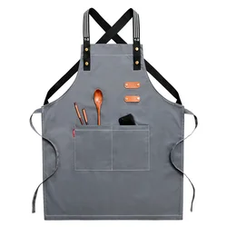 Chef Apron with Adjustable Straps and Large Pockets, Cross Back Apron for Men and Women, Waiter Apron, Grey Canvas,M-XXXL