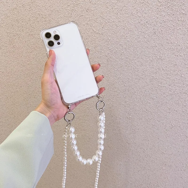 Cute double Pearls Crossbody Strap Necklace Wrist Chian case For iPhone 15 13 14 Pro 11Pro MAX 7 8 Plus XR XS 12 Mini SE 2020