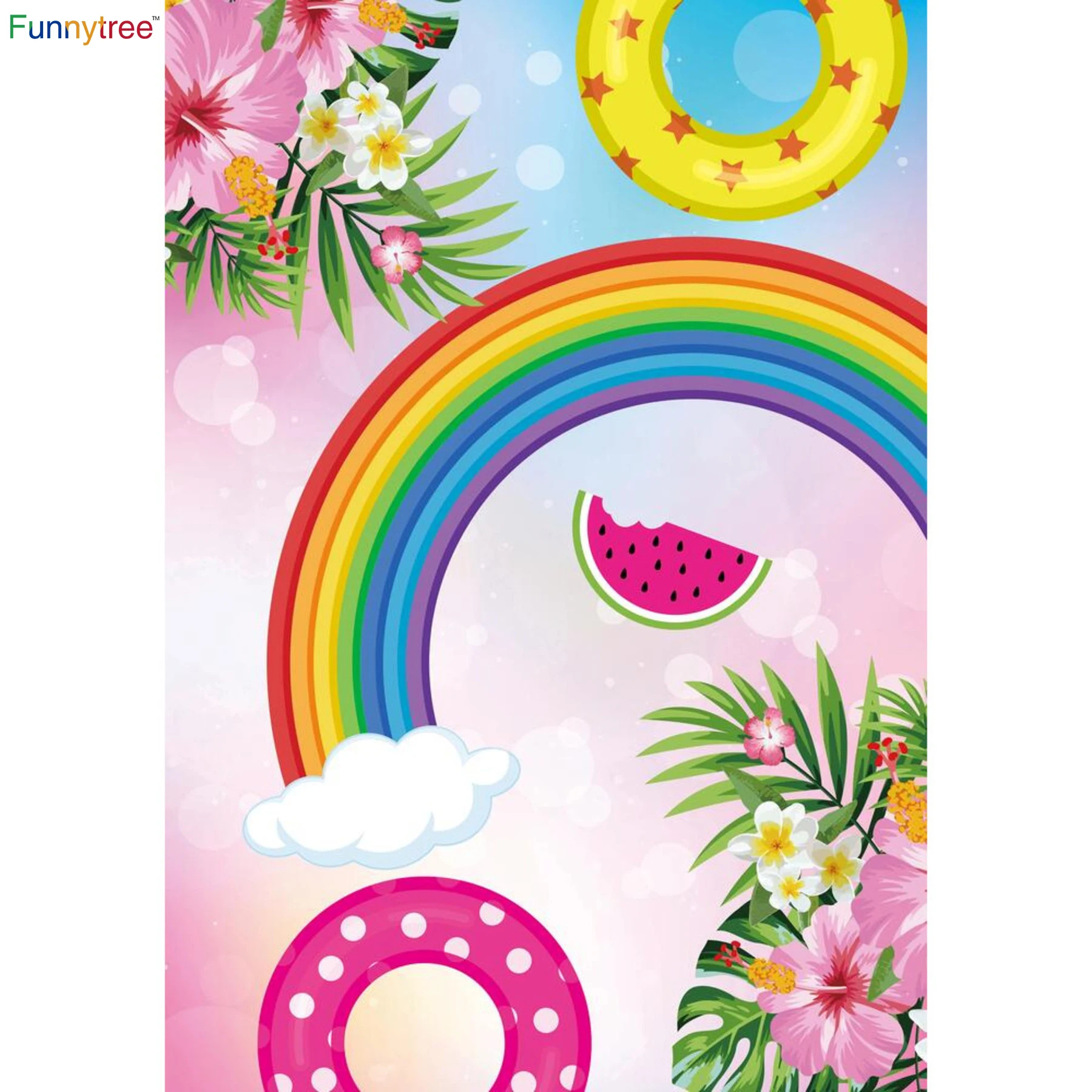 

Funnytree Pool Party Backdrop Tropical Summer Rainbow Flower Bokeh Halo Watermelon Swimming Ring Background Banner Photo Booth