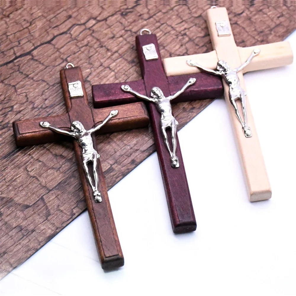 1PC Soild Wooden Cross Zinc Alloy Jesus Catholic Cross Church Ornaments Wall Mounted Wooden Crosses Necklace pendant