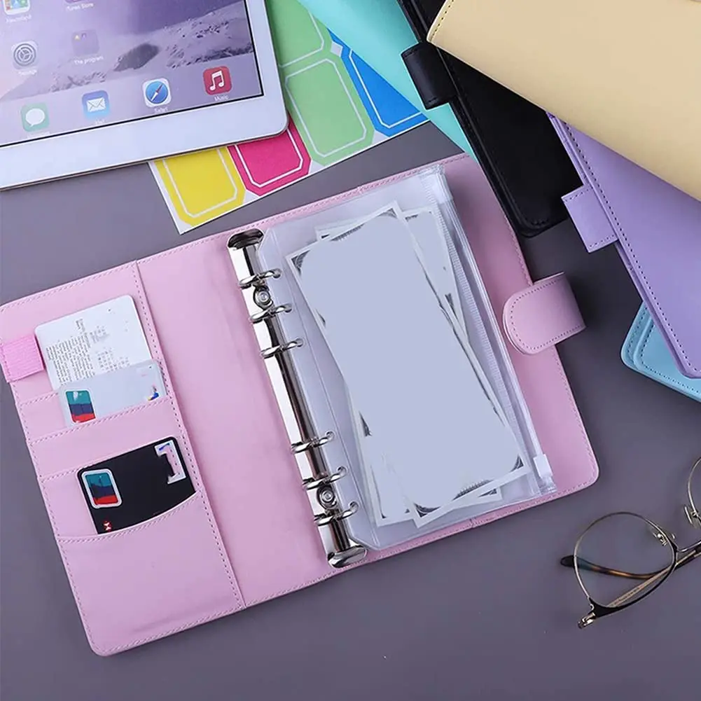 A6 PU Leather Notebook Binder Budget Cash Envelopes with 8PCS Binder Zipper Pockets 12PCS Expense Budget Sheets 2PCS Labels