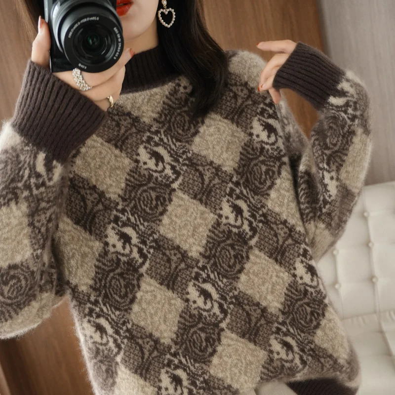 Autumn Winter 100% Cashmere Women Sweater Pullover Knit Half High Collar Splicing Large Size Wool Thick Keep Warm Fashion Top