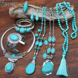 Yumfeel-Ensemble de bijoux plaqué argent vintage pour femme, collier, bracelet, boucle d'oreille, bague, turquoise, nouveau