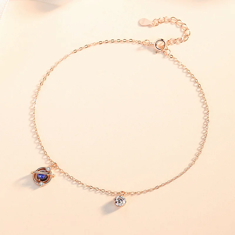 Bracelets On Leg 925 Sterling Silver Universe Planet Anklet Female Blue Glazed Foot Anklet Ornament Chain Women Fashion Jewelry