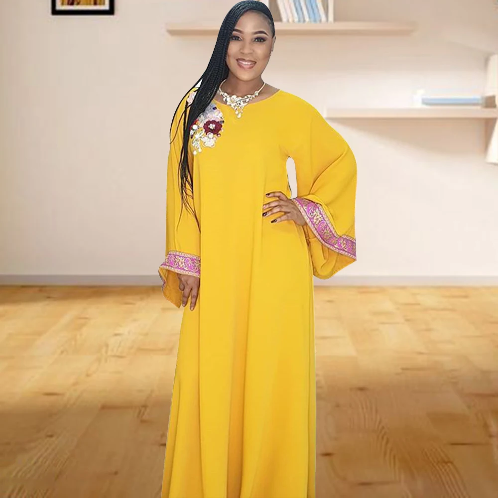 

African Maxi Dresses For Women 2021 High Quality O-collar Applique Femme Robe Flared Sleeve Yellow Vestidos Pullover