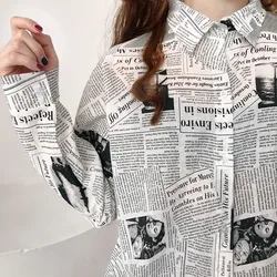 Mazefeng 2021 Spring Women Casual Shirts Loose Style Female Vintage Shirts Turn-down Collar Women Shirts Ladies Print Newspaper