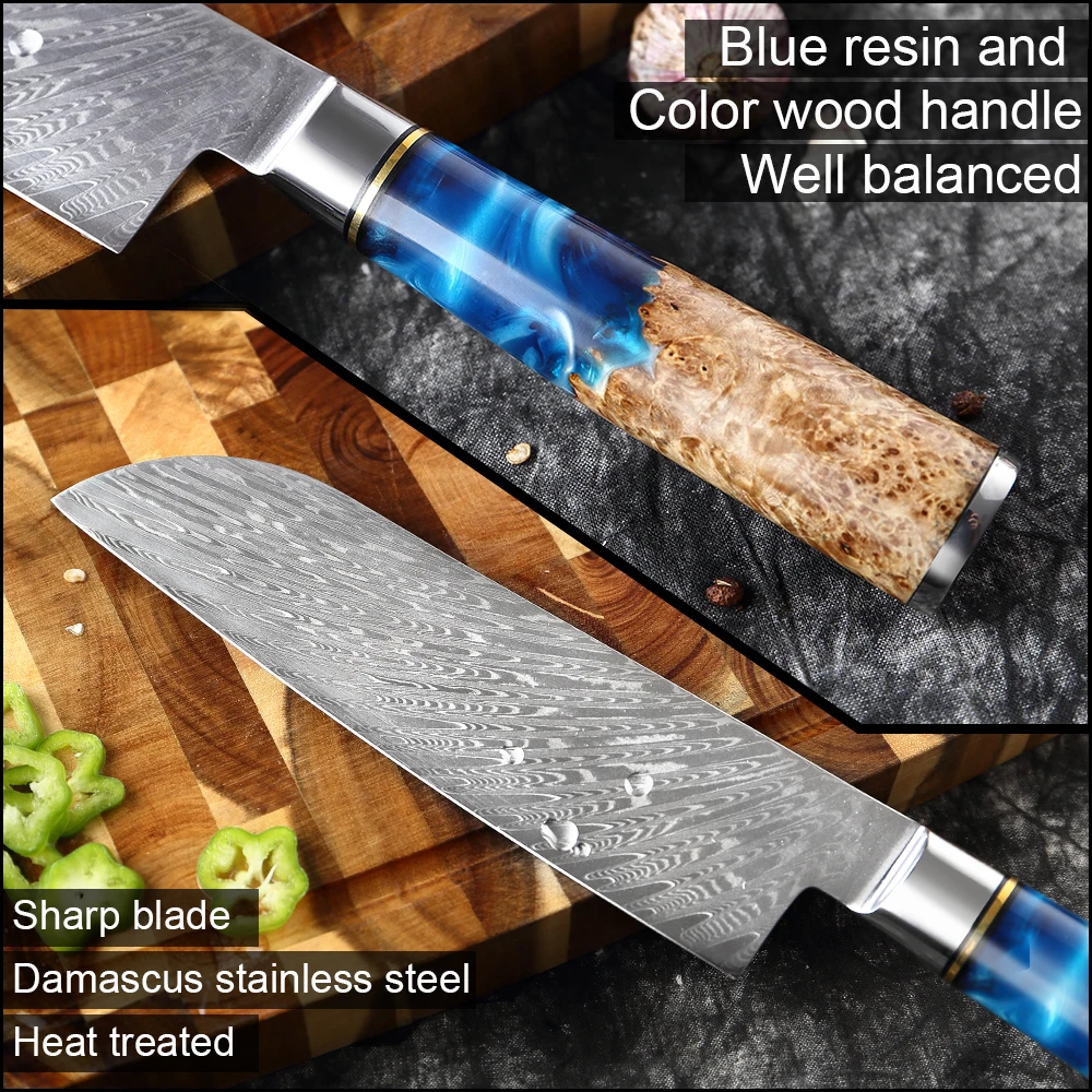 XITUO Damascus Steel VG10 Santoku Knife Chef Knife Raw Fish Fillet  Fish Kitchen Knife Blue Resin Color Wood Handle Cooking Tool
