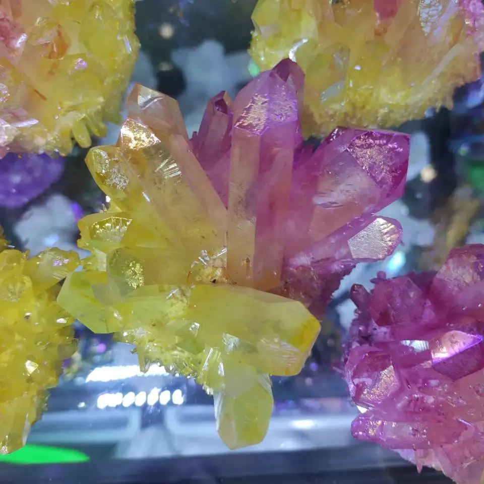 

New Pink+yellow Electroplated Vug Crystal Quartz Specimen Electroplating Crystal Clusters Decoration Gift Healing