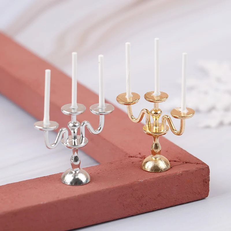 1:12 Dollhouse Miniature Candlesticks Candelabra Dollhouse White Candles Furniture Toy Pretend Play Doll House Decor Accessories