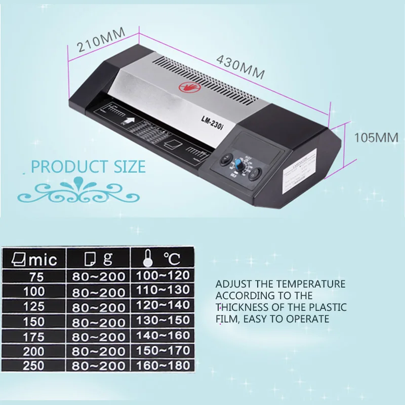 LM230i Office and Household Laminator Thermal Laminating Machine A4 Photo Photo Quick Preheating 4-roll System Laminating Machin