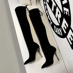 Autumn Winter Women Long Boots Stretch Flock Lace-Up Fashion Woman Over The Knee Boots Black Thigh High Pointed Lady Party Shoes