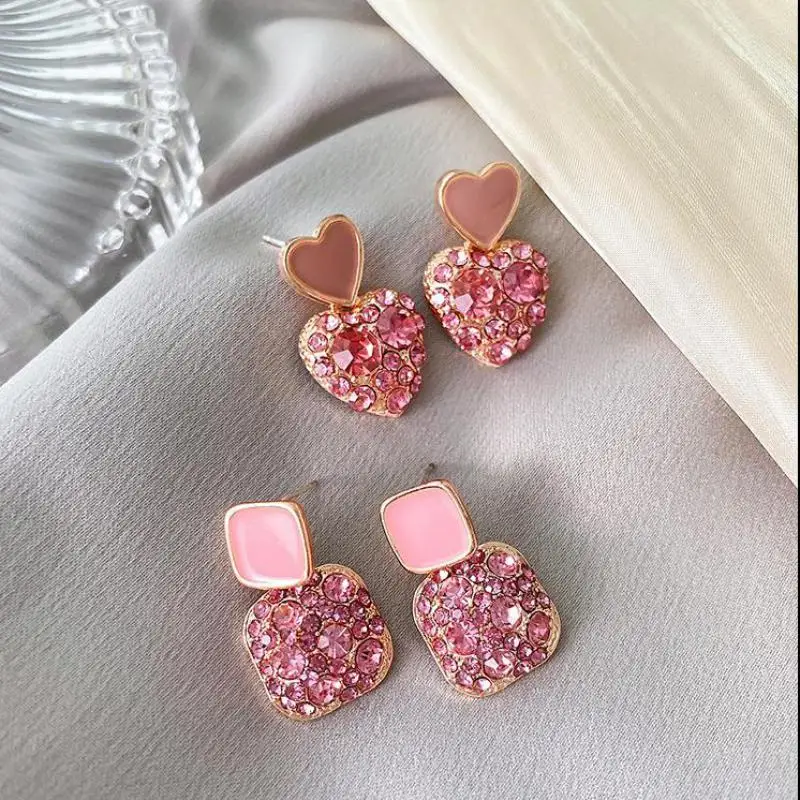 S925 Silver Needle Geometric Rhinestone Pink Square Love Earrings New Net Red Temperament Beautiful Earrings Jewelry Accessories