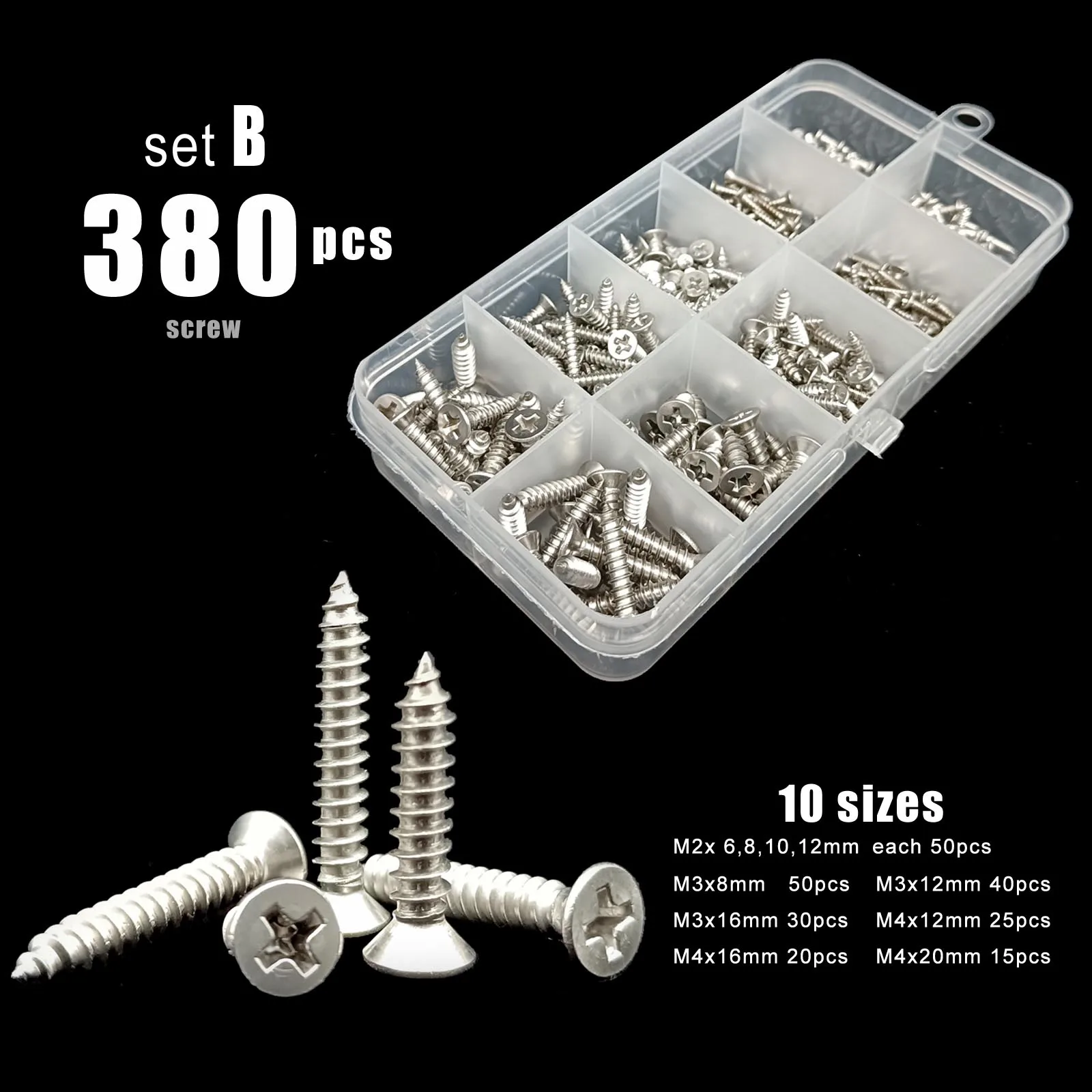 380/1010X M1.2 M1.4 M1.7 M2 M3 M4 304 Stainless Steel Small Cross Phillips Flat Countersunk Head Self-tapping Wood Screw Set Kit