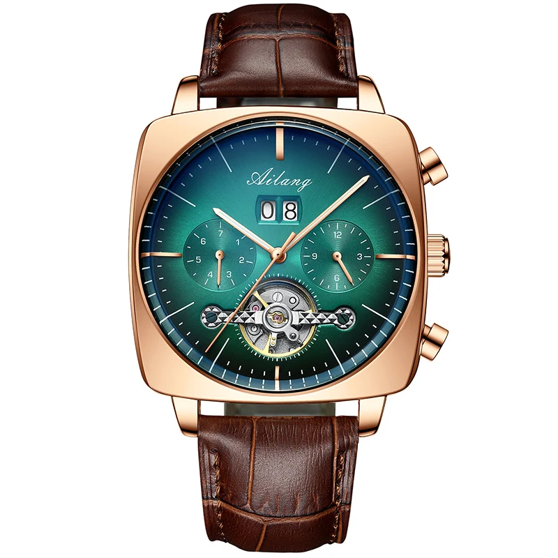AILANG Mode Grün Große Zifferblatt Quadratische Mechanische Uhr für Männer Lederband Wasserdicht Tourbillon Uhren Herren Relogio Masculino 7