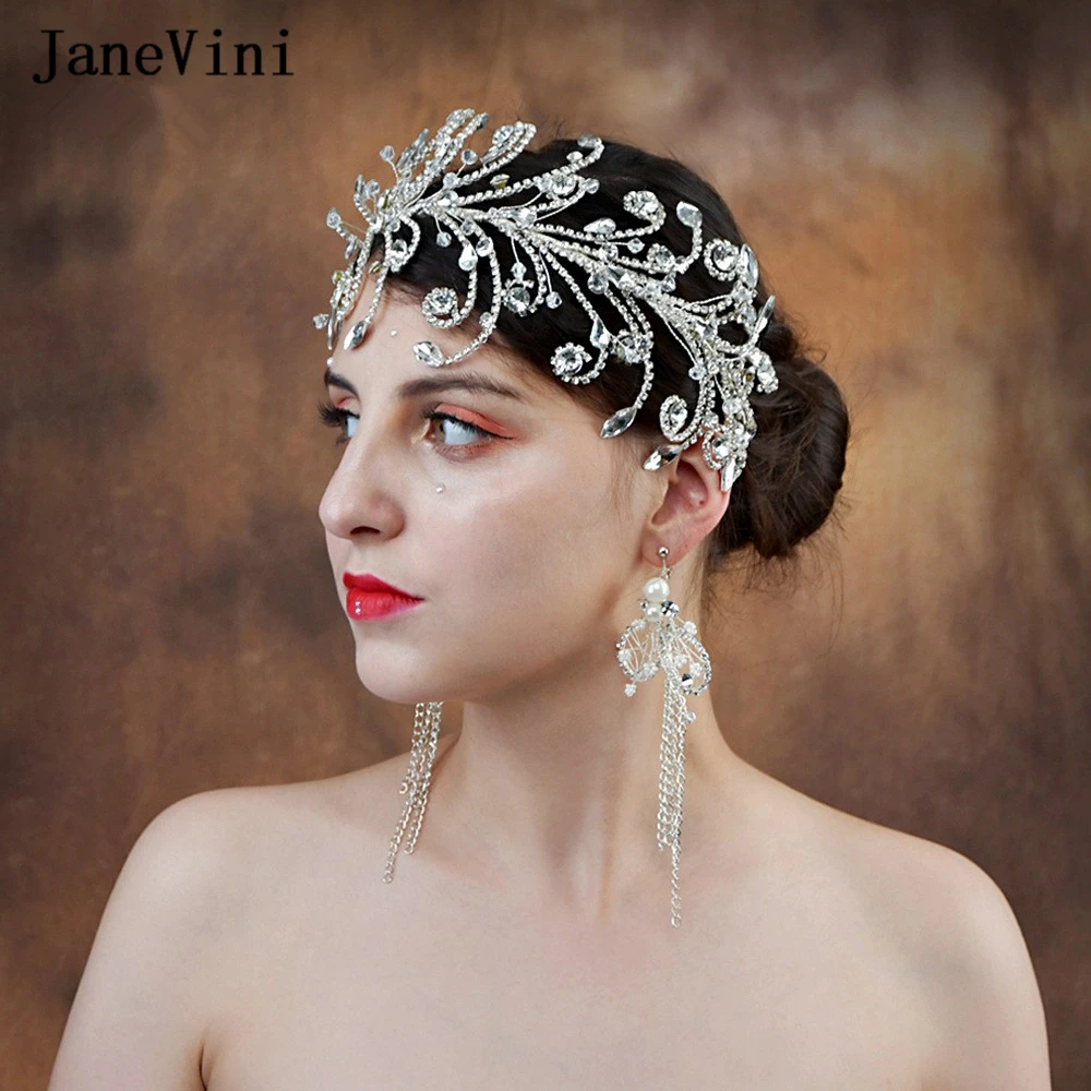 

JaneVini Luxury Silver Crystal Bridal Tiaras and Crowns Rhinestone Princess Headband Wedding Headpiece Jewelry Hair Accessories