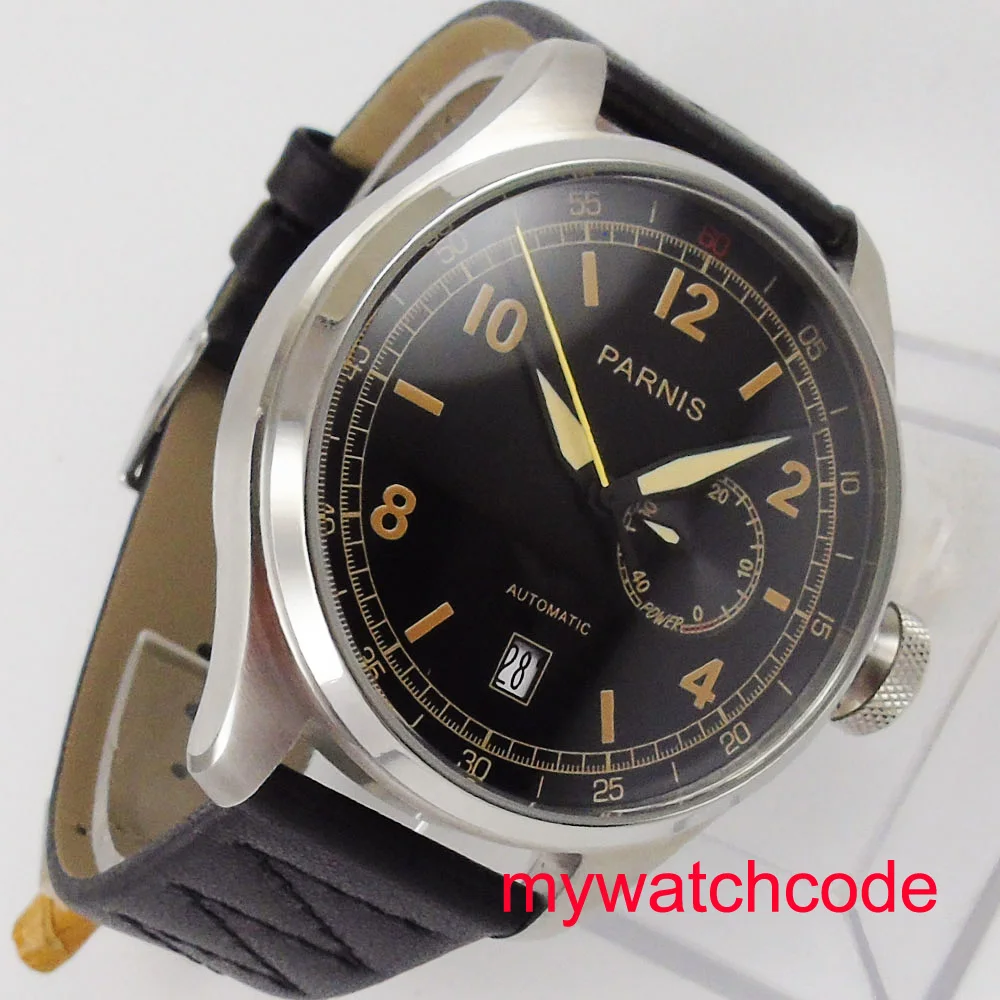 48mm Parnis 블랙 다이얼 가죽 스트랩, 파워 eserve 스테인레스 스틸 케이스, 항저우 자동 무브먼트, 남성용 시계