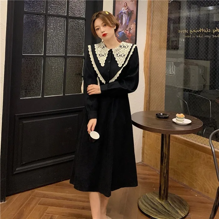 Lace Peter Pan Collar Waist Slimming Dress 2020 New Women's Autumn and Winter Retro Mid-Length Temperament Dress fairy dress