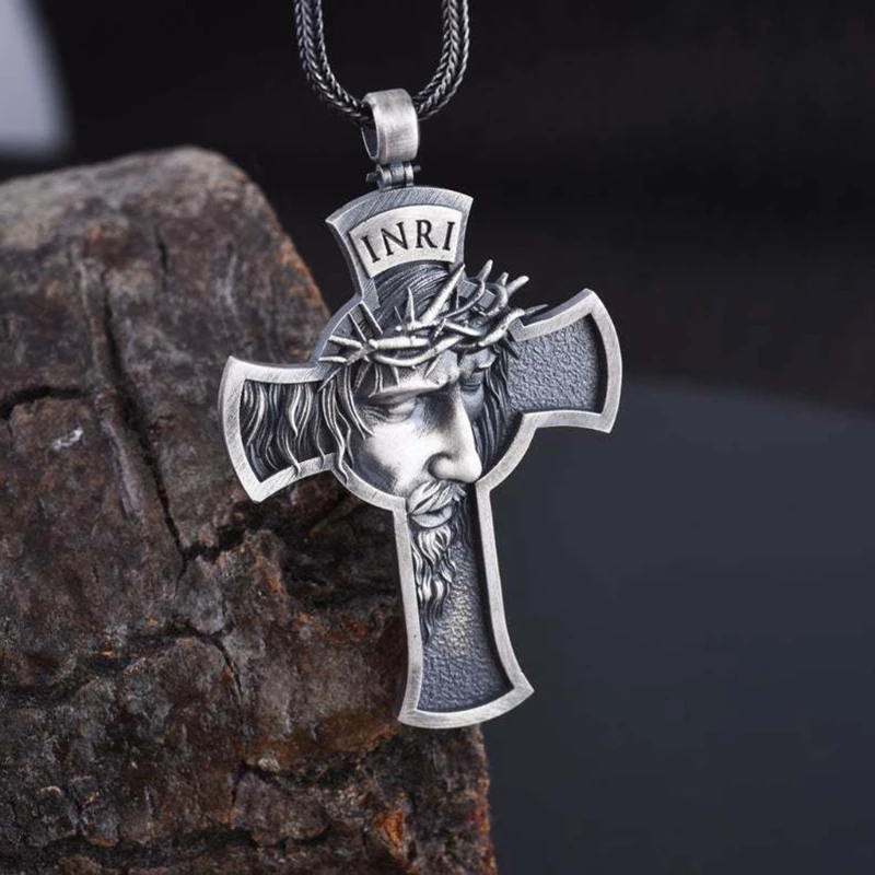 H9EC Kalung Liontin Logam Salib Yesus Kristus Retro Rantai Religius