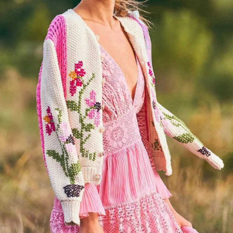 TEELYNN long sleeve pink floral embroidery Crochet sweaters women coat 2020 vintage knit Cardigan autumn warm sweater jumper