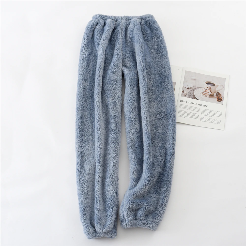 Winter Women\'s Plush Pajama Pants Warm Home Pants Loose Comfortable Elastic Waist Cute Solid Coral Fleece Men Home Pants Outside