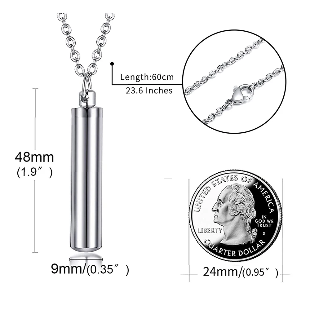 Stainless Steel Cylinder Memorial Jewelry Cremation Ashes Urn Pendant Necklace Keepsake Jewelry Urn-with velvet packaging bag