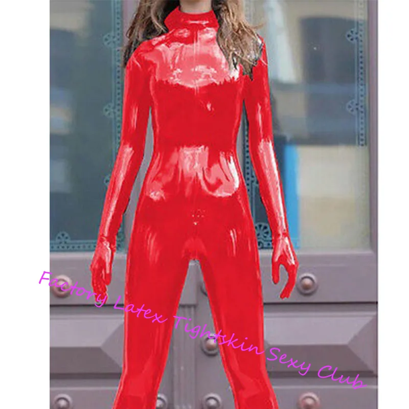 

Handmade Women Red Bodysuit Latex Rubber Catsuit with Gloves Latex Full Set Jumpsuits Women Cosplay Costumes