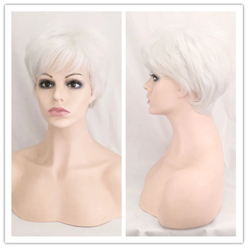 SuQ Classical Short Sliver Wig For White Women Hair Synthetic Natural Curly Sliver White Cosplay Heat Resistant Daily Wigs