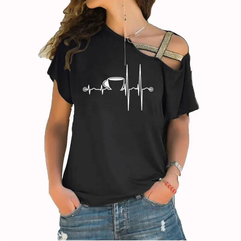 

Heartbeat ECG T Shirts Women Cup Printed Summer Tops Casual Irregular Skew Cross Bandage Tshirt