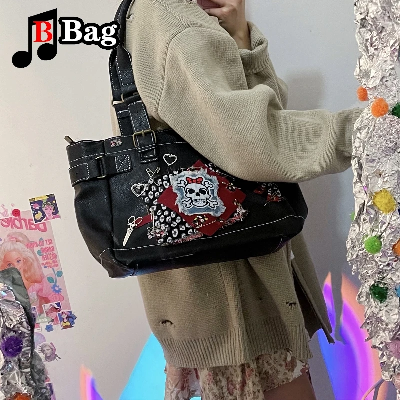 Y2K Gothic Woman Girls Single Shoulder Underarm Bag Tote Harajuku Hot Female Punk Collage Skull pin Large capacity Handbags