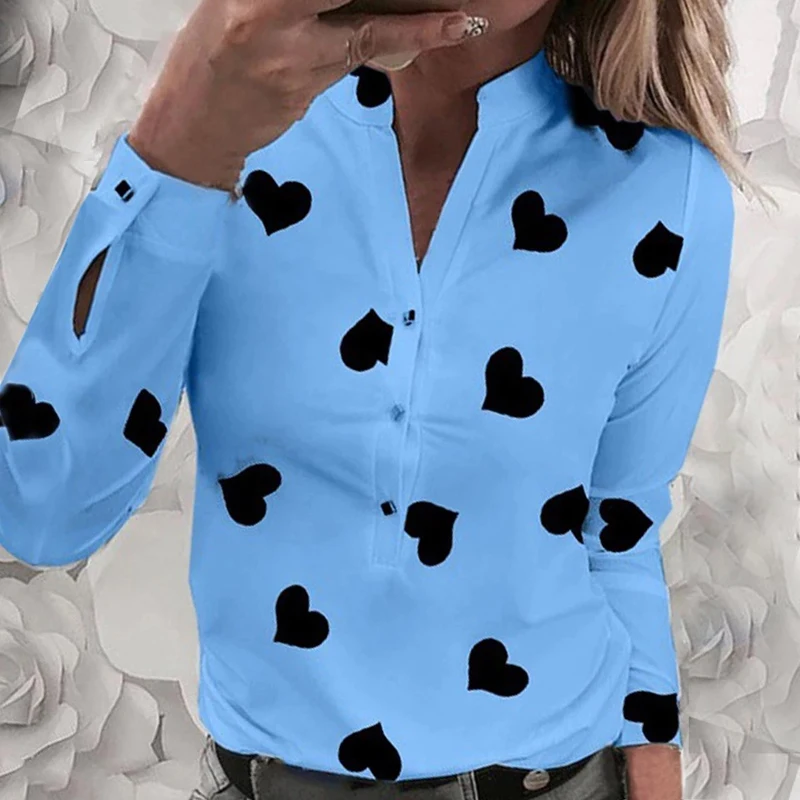 Blusa con estampado de corazón y flores para mujer, camisa informal de manga larga con cuello de pico, Tops elegantes con botones para citas, moda Primavera Verano 2024