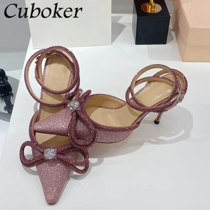 

Luxury Women's Wedding Shoes Crystal Shoes Diamond Bow Sandals Ankle Strap Pointed High Heels Women's Banquet Shoes Party Shoes