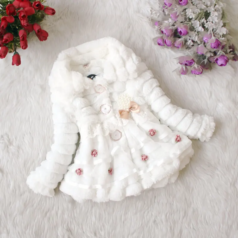 Fashion Kids Faux Fur Coat Autumn Winter Warm Plush Baby Jacket Christmas Cute Floret Lace Princess Outwear Toddler Girl Clothes