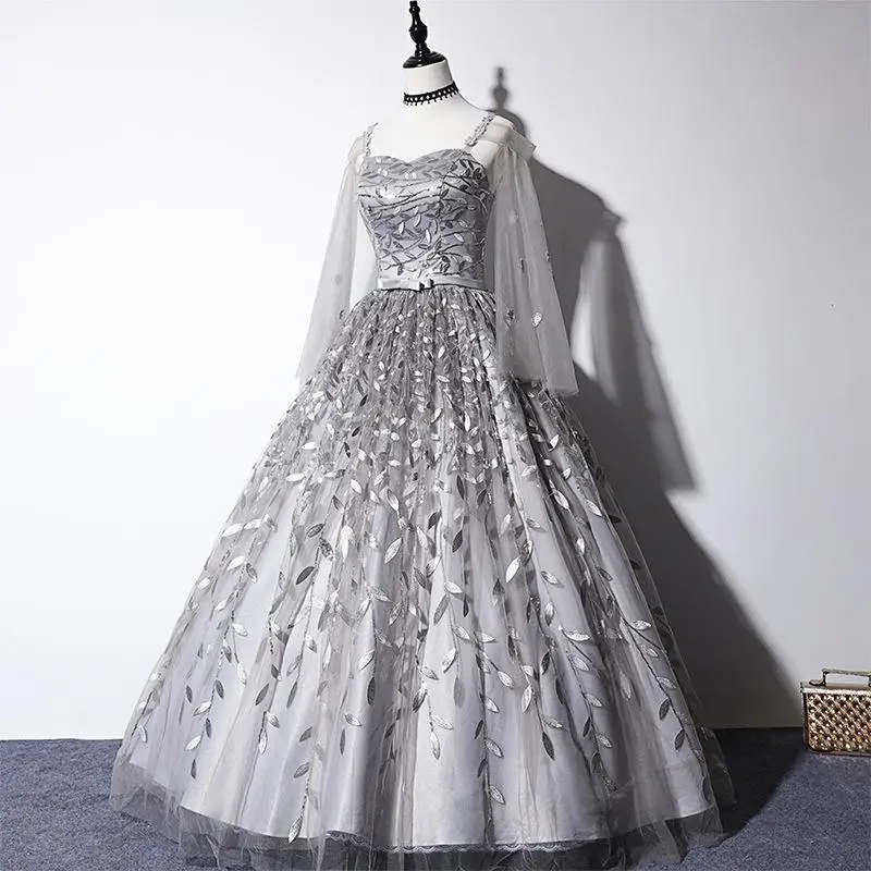 Elegant Gray Appliques Quinceanera Dresses Tulle Full Sleeve Noble Ball Gown Floor Length Party Prom Quinceanera DressCustomized