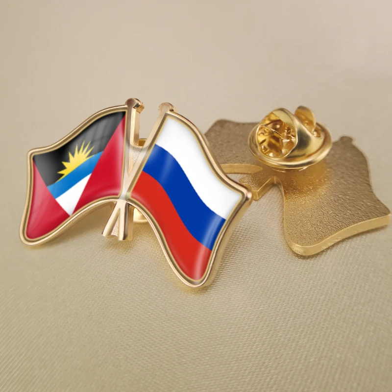 

Antigua and Barbuda and Russian Federation Crossed Double Friendship Flags Lapel Pins Brooch Badges