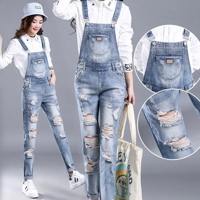 

Ripped Women's Denim Overalls Are Thin and All-match Jeans 2021 Spring and Autumn New Foot Pants Jumpsuit Mother Jeans