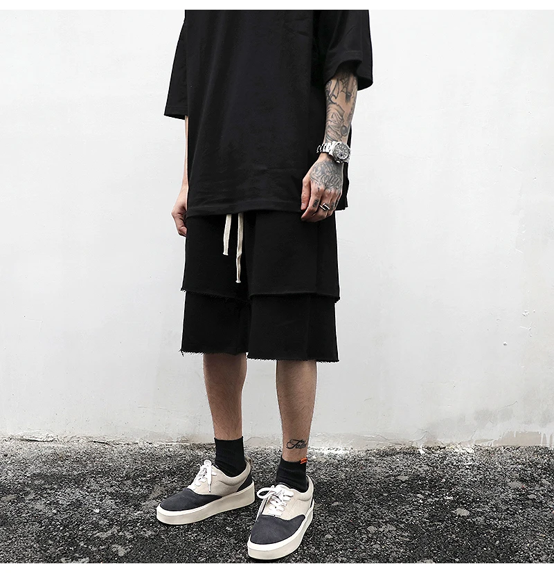 European and American high street style three-dimensional layered raw edge five-point pants  trendy male skateboard ter