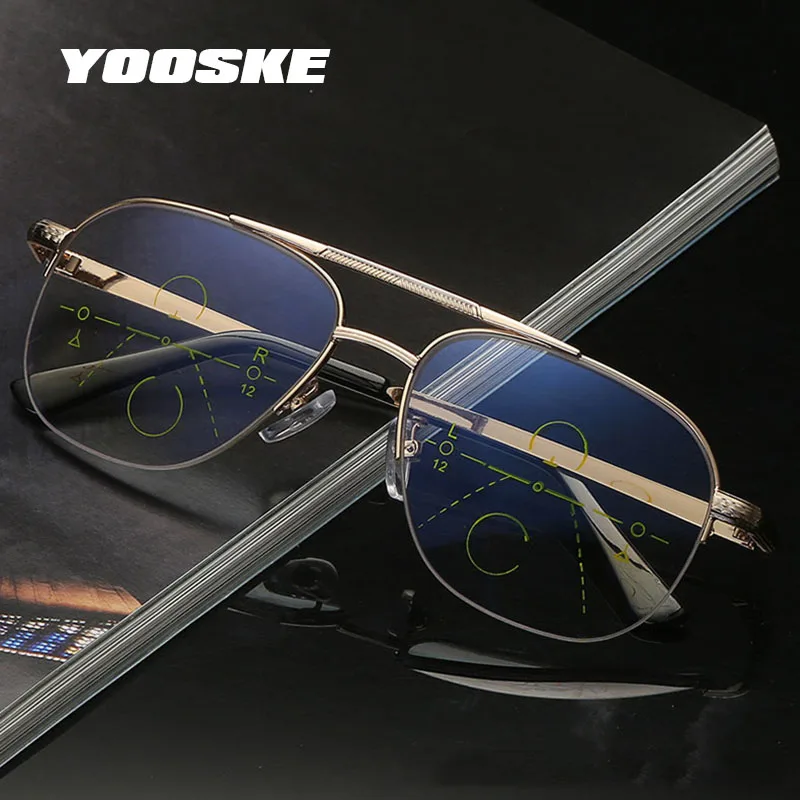 YOOSKE Intelligent Multifocal Progressive Reading Glasses Men Pilot Alloy Frame Eyeglasses Women Anti Blue Light Eyewear