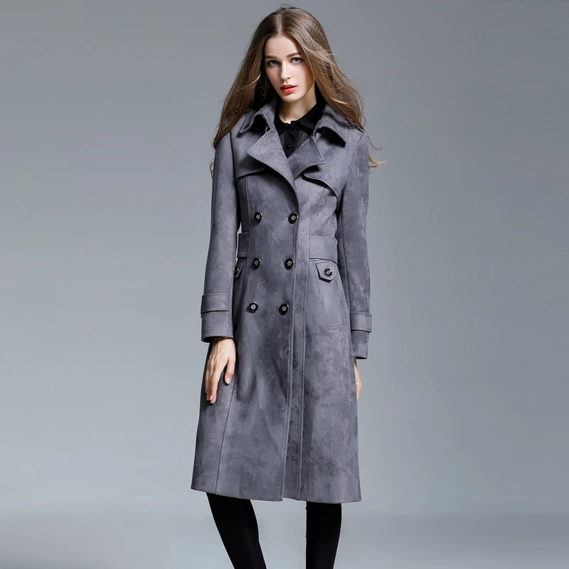 2023 Women Spring New Suede Long Trench Coat Warm Lapel Female Over the Knee Windbreaker Long Sleeve Lady Casual Deerskin Jacket