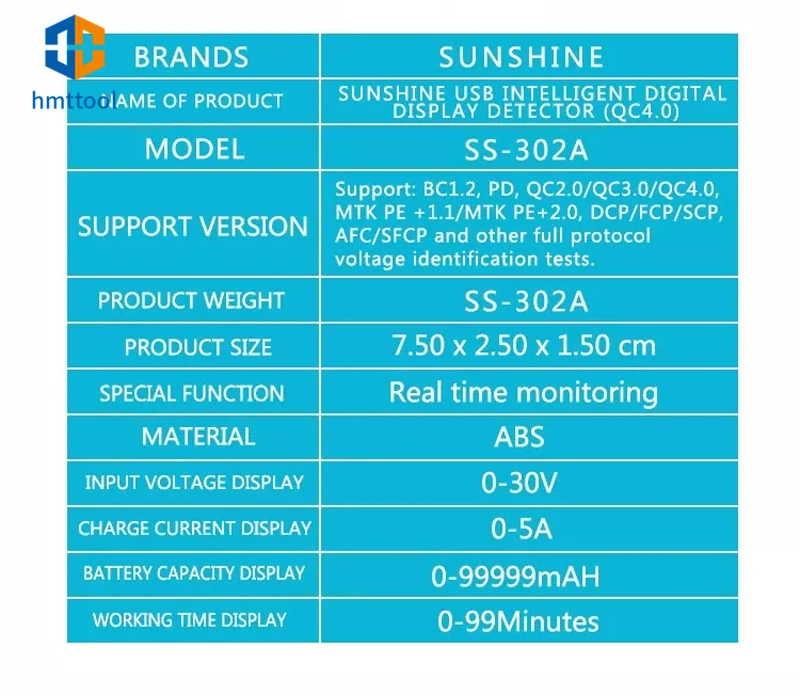 SUNSHINE SS-302A Current Voltage Charger Capacity Tester USB Charger Doctor Power Meter Text Voltmeter Repair Tools