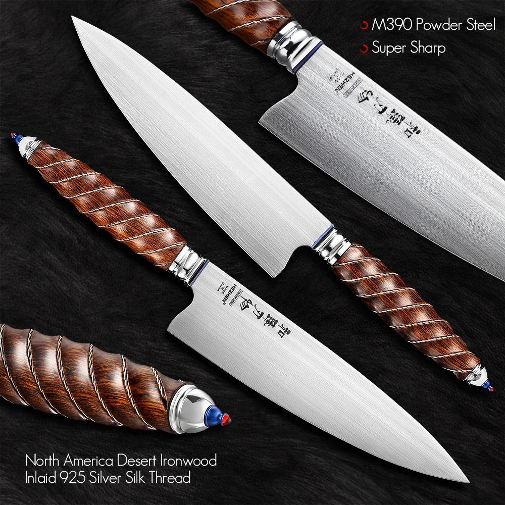 HEZHEN 8.5 Inches Chef Knife BÖHLER M390 Powder Steel North America Desert Ironwood Handle Kitchen knives