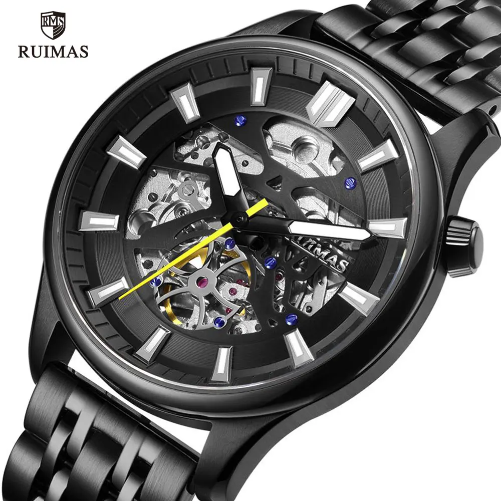 

RUIMAS Business Mechanical Watches Men Luxury Black Stainless Steel Automatic Watch Man Male Waterproof Luminous Wristwatch 6770
