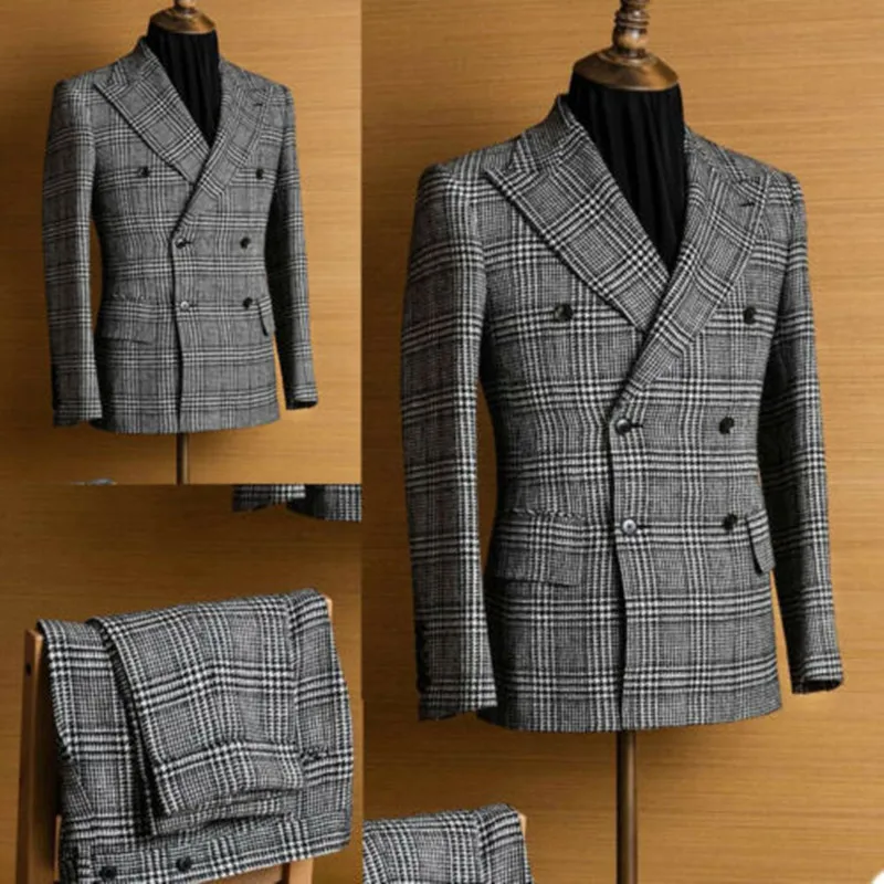 

Business Men Suits Slim Fit Tailor-Made Houndstooth Coat Peak Lapel Blazer Double Breasted Prom Formal Wedding Groom Groomsman