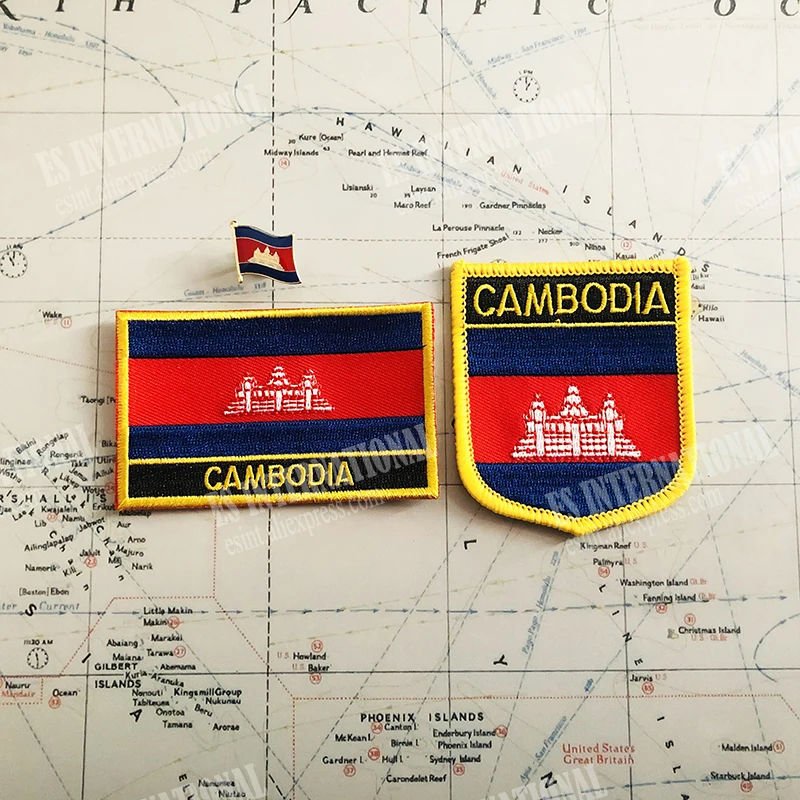 CAMBODIA National Flag Embroidery Patches Badge Shield And Square Shape Pin One Set On The Cloth Armband Backpack Decoration