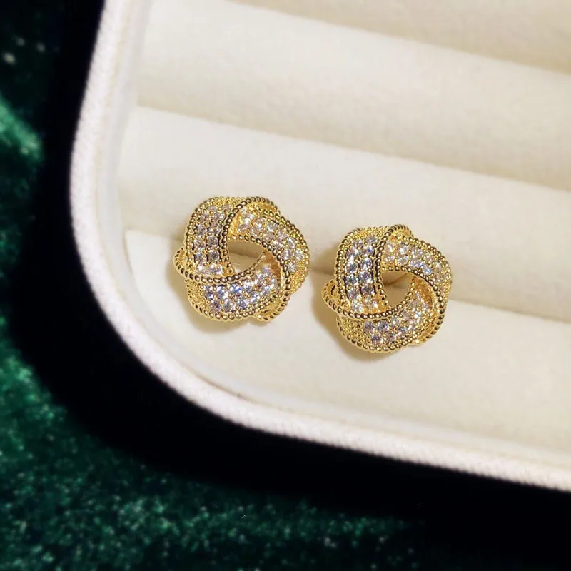 

S925 Needles Stud Earrings For Women Gold Color Classic Cubic Zirconia Tie Triangle Ear Studs Bridal Wedding Fine Jewelry